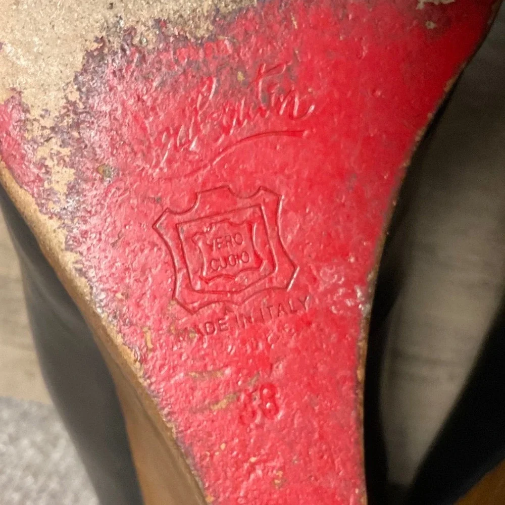 Christian Louboutin Black Leather Round Toe Wood Wedge Heel Pumps Red Sole 38